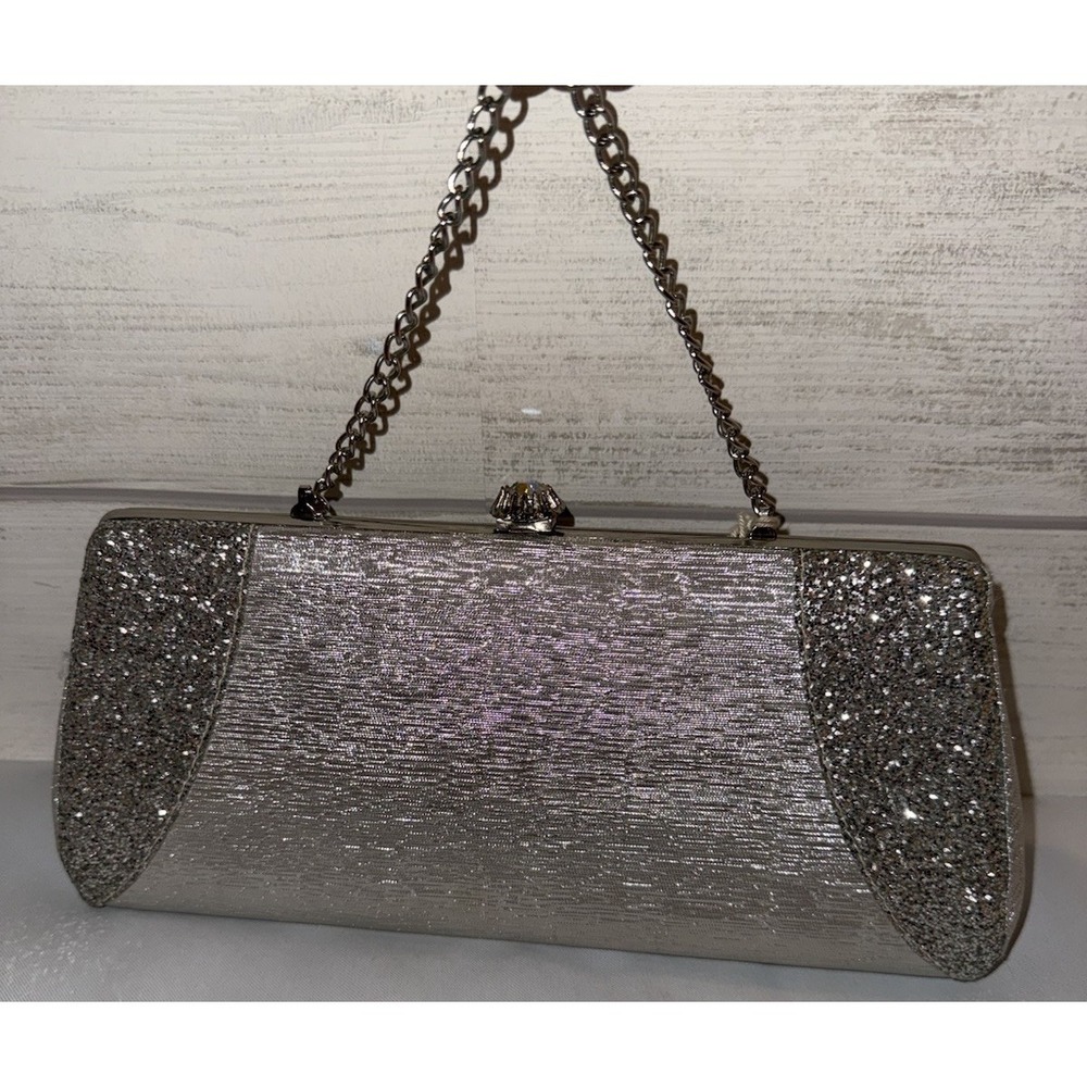 Silver Glitter Evening Clutch Bag Wedding Prom Formal Metallic Minaudiere Chain